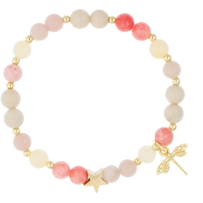 Armbånd steinperler 6mm m/charm - pink & yellow mix